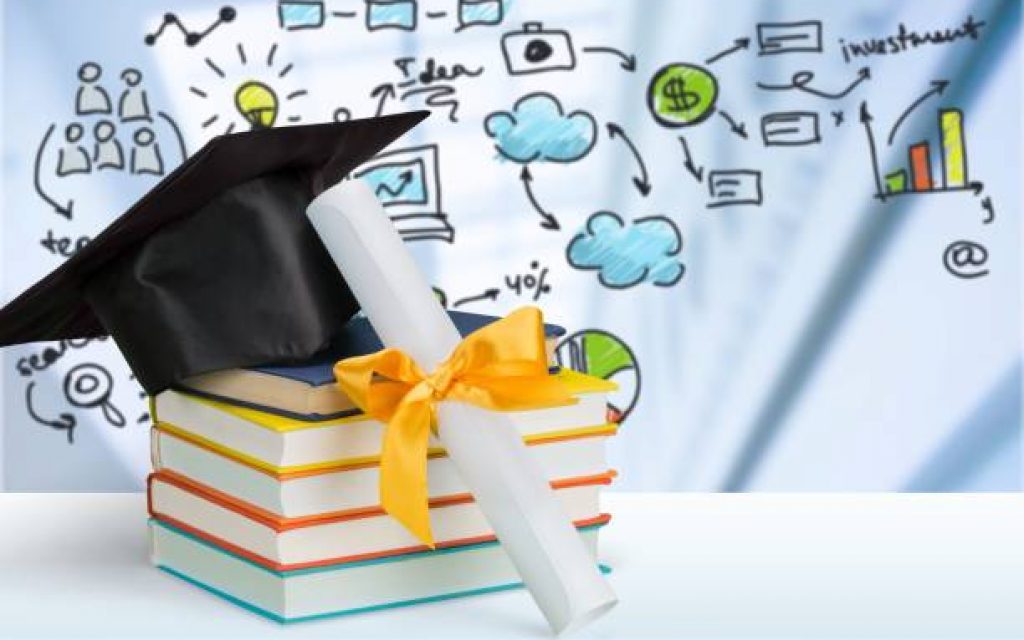 Graduation mortarboard on top of stack of books on white background with illustration