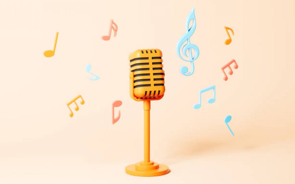 Cartoon microphone and music notes on the yellow background, 3d rendering. Computer digital drawing.