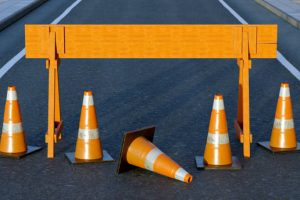 web site under construction traffic cones and orange barrier road boundary forbidden 404 error 3D illustration